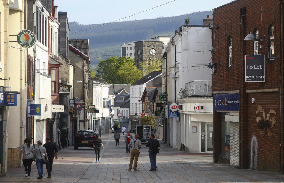 A general view shows a shopping street in Merthyr Tydfil, a town in Wales, north of Cardiff, on May 15, 2019. (Photo by GEOFF CADDICK / AFP)        (Photo credit should read GEOFF CADDICK/AFP via Getty Images)