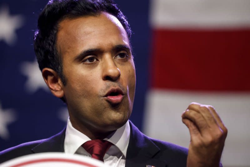 Entrepreneur Vivek Ramaswamy speaks at the 2023 Republican Party of Iowa Lincoln Dinner in Des Moines, Iowa, on July 28. File Photo by Tannen Maury/UPI