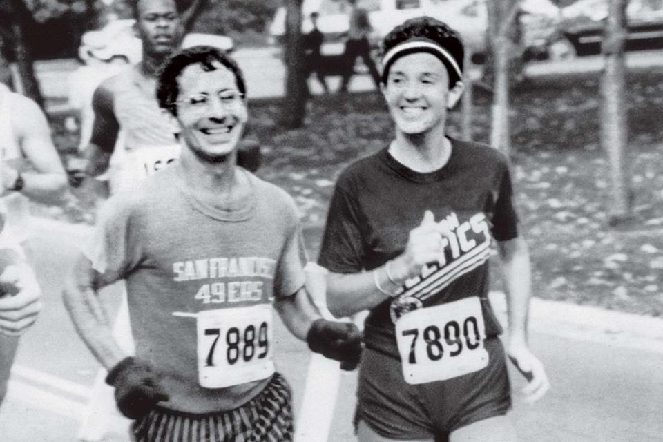 <p>Fauci/ Grady Collection</p> Dr. Anthony Fauci and Dr. Christine Grady running a marathon in 1984