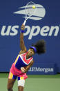 Naomi Osaka, of Japan, serves to Anett Kontaveit, of Estonia, during the fourth round of the US Open tennis championships, Monday, Sept. 7, 2020, in New York. (AP Photo/Frank Franklin II)