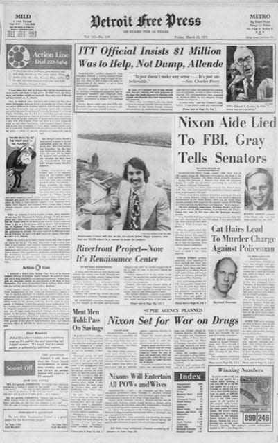 Page one of the Free Press March 23, 1973, whicih featured an article the contest in which the towers now known as the Renaissance Center were named.