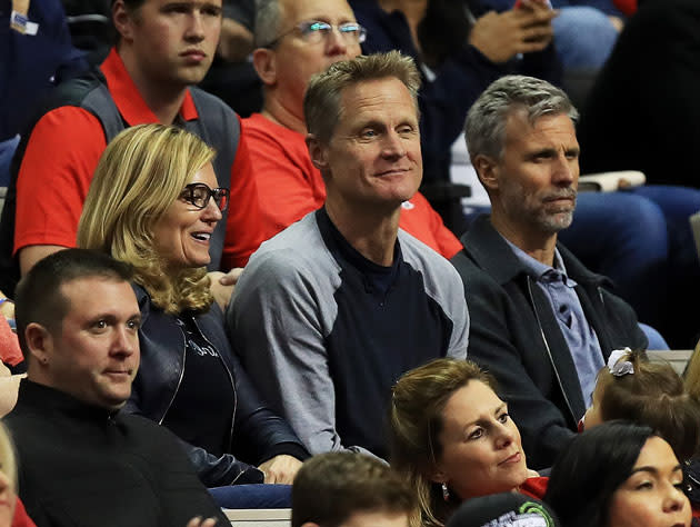 Steve Kerr and Warriors assistant coach Bruce Fraser in March. (Getty Images)