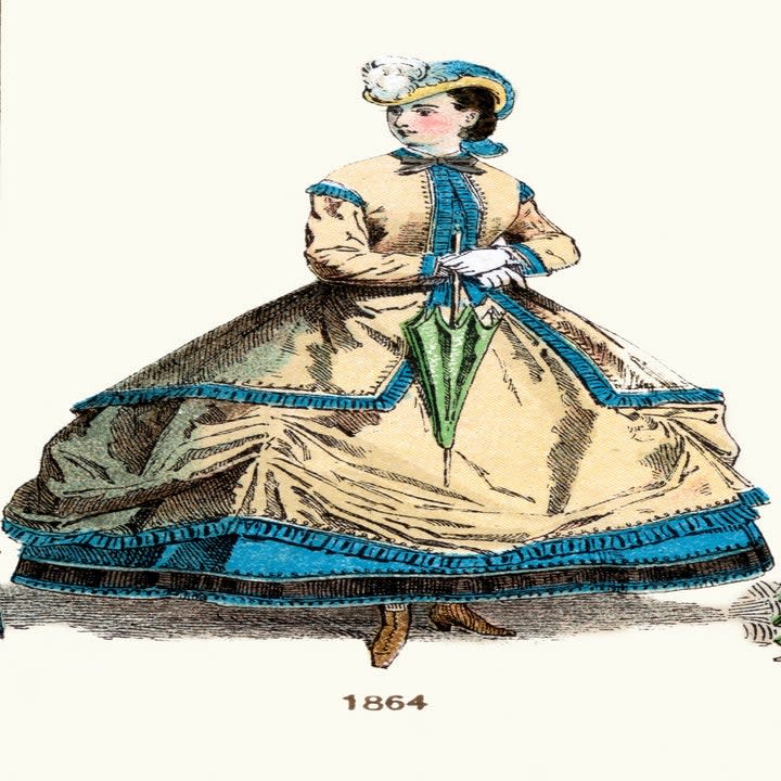 Illustration of a woman wearing a hoop skirt in 1864