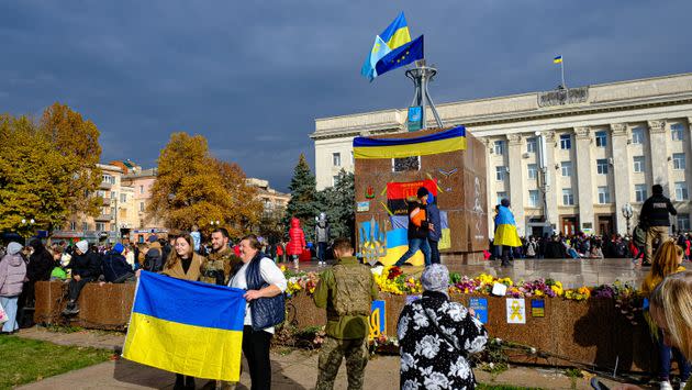 People gather in the Svobody Square – Freedom Square – to celebrate the liberation following Russia's withdrawal from Kherson.