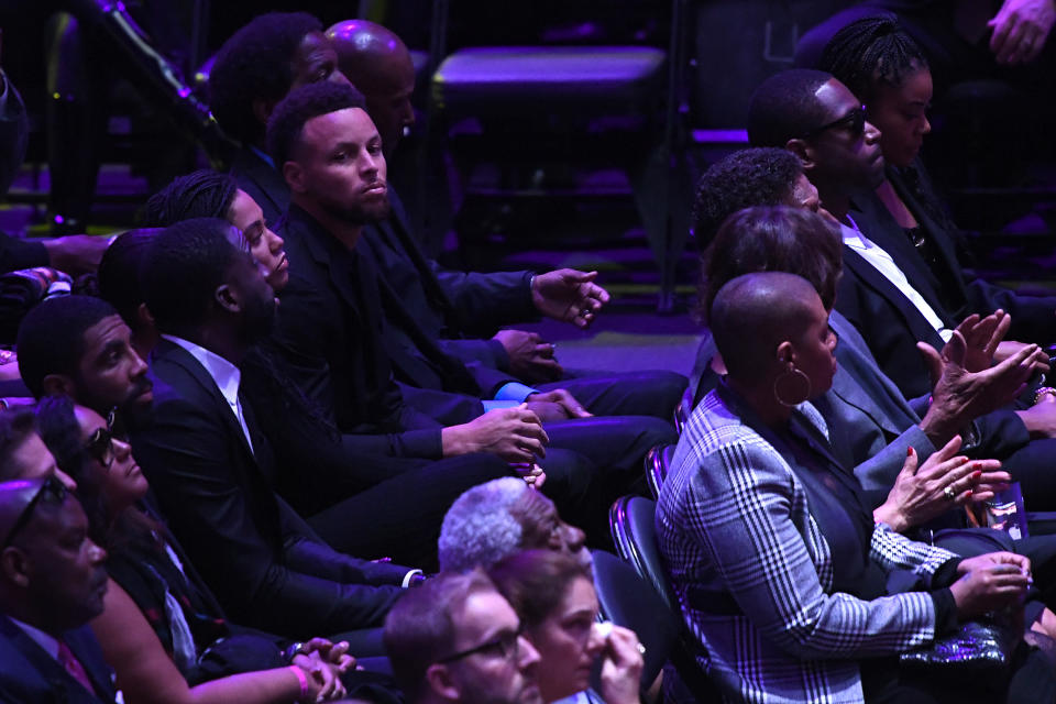 Kyrie Irving, Draymond Green, Stephen Curry, Dwyane Wade and others during the "Celebration of Life for Kobe and Gianna Bryant" at Staples Center on February 24, 2020 in Los Angeles, California. (Photo by Kevork Djansezian/Getty Images)