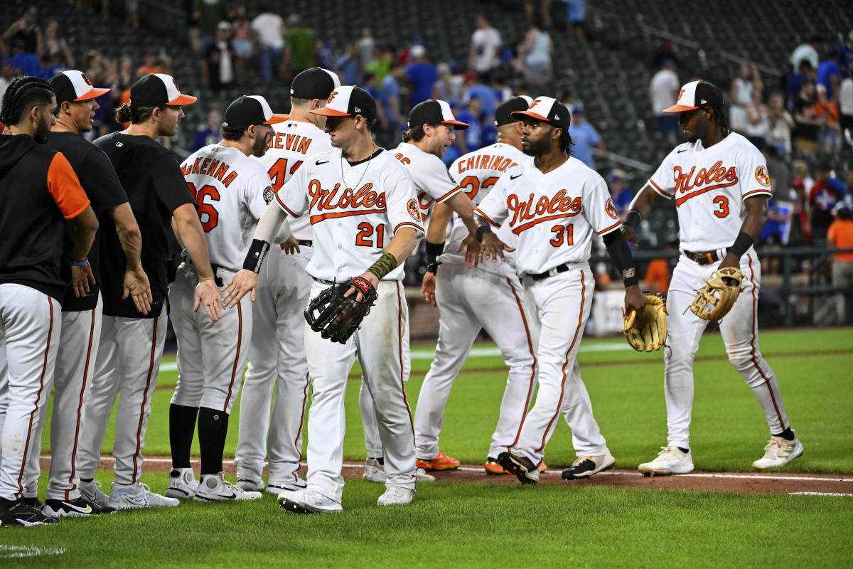 Baltimore Orioles Rougned Odor celebrates after hitting a 3-run