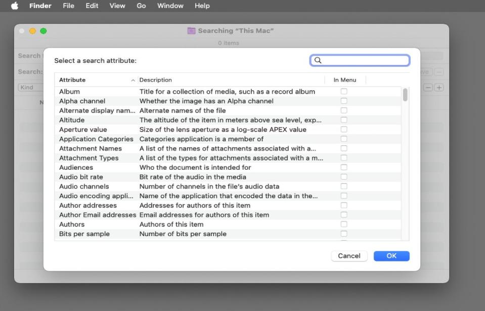 Additional search attributes sheet.