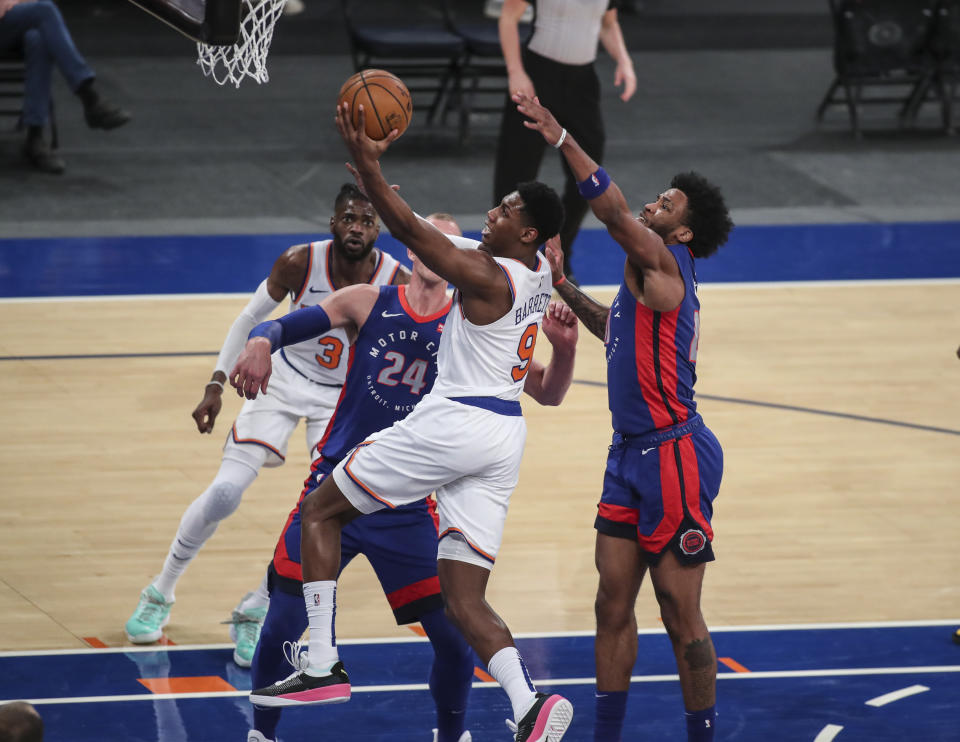 New York Knicks guard RJ Barrett (9) drives to the basket during the third quarter against the Detroit Pistons in an NBA basketball game Thursday, March 4, 2021, in New York. (Wendell Cruz/Pool Photo via AP)