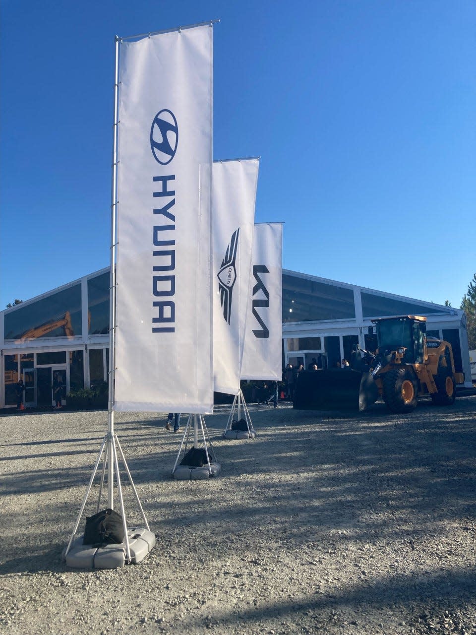 Hyundai Motor banners hang at the Bryan County megasite ahead of the ground-breaking for the future $5.5 million EV battery plant.