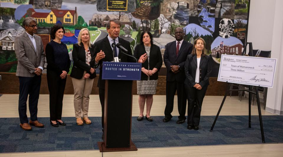 Westchester County Executive George Latimer, along with county and Town of Mamaroneck officials talk about $3 million that the county has earmarked in its budget for the town to build affordable housing. Latimer and the officials spoke at Mamaroneck Town Hall May 1, 2024.