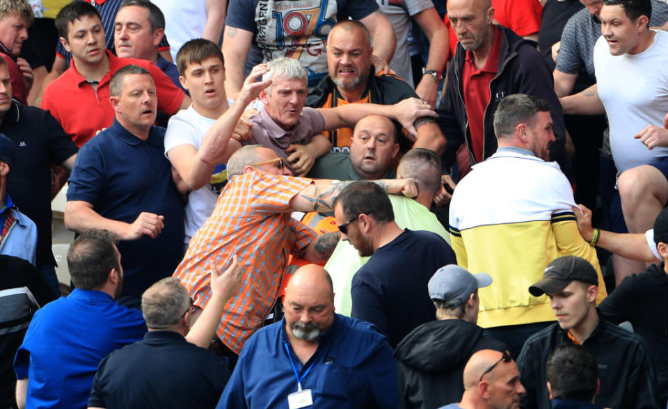 A fight breaks out among fans during the Championship match at The KCOM Stadium, Hull. (Photo by Mike Egerton/PA Images via Getty Images)