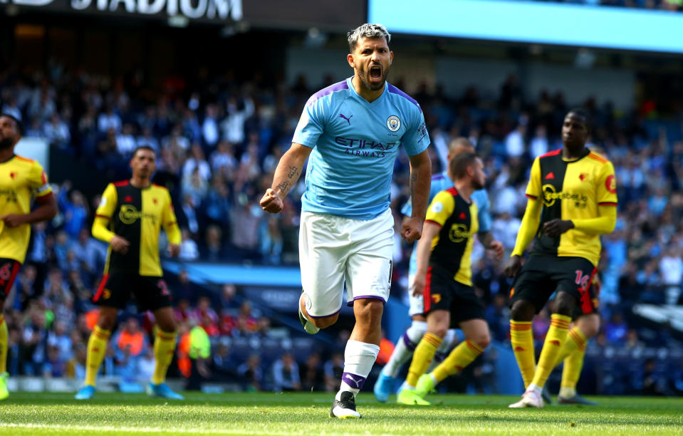 MANCHESTER, ENGLAND - SEPTEMBER 21: Sergio Aguero of Manchester City celebrates scoring his teams second goal during the Premier League match between Manchester City and Watford FC at Etihad Stadium on September 21, 2019 in Manchester, United Kingdom. (Photo by Chloe Knott - Danehouse/Getty Images)