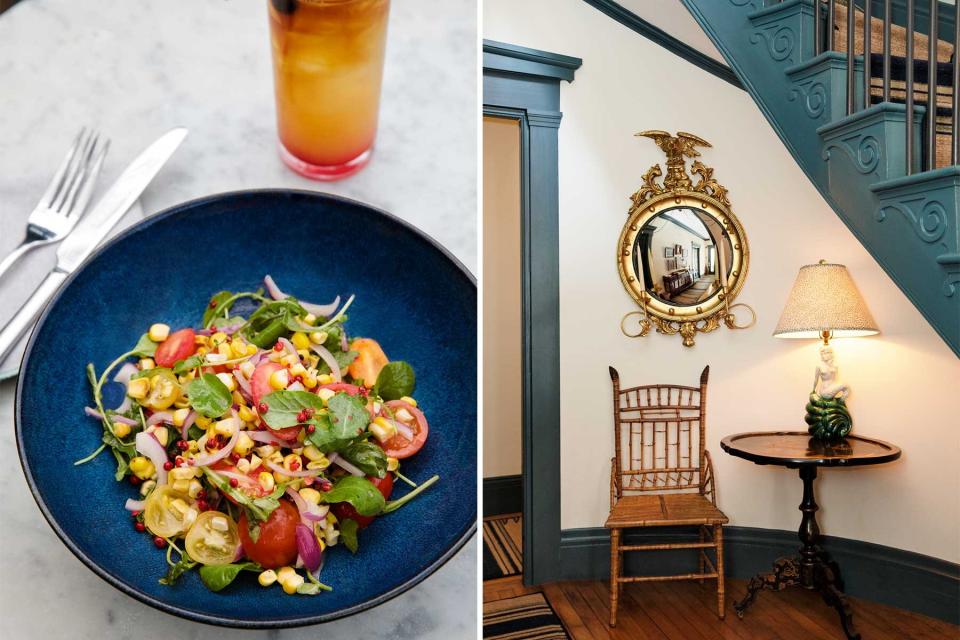 Two photos from Nantucket, one showing a tomato, corn, and herb salad, and one showing a hallway in a hotel