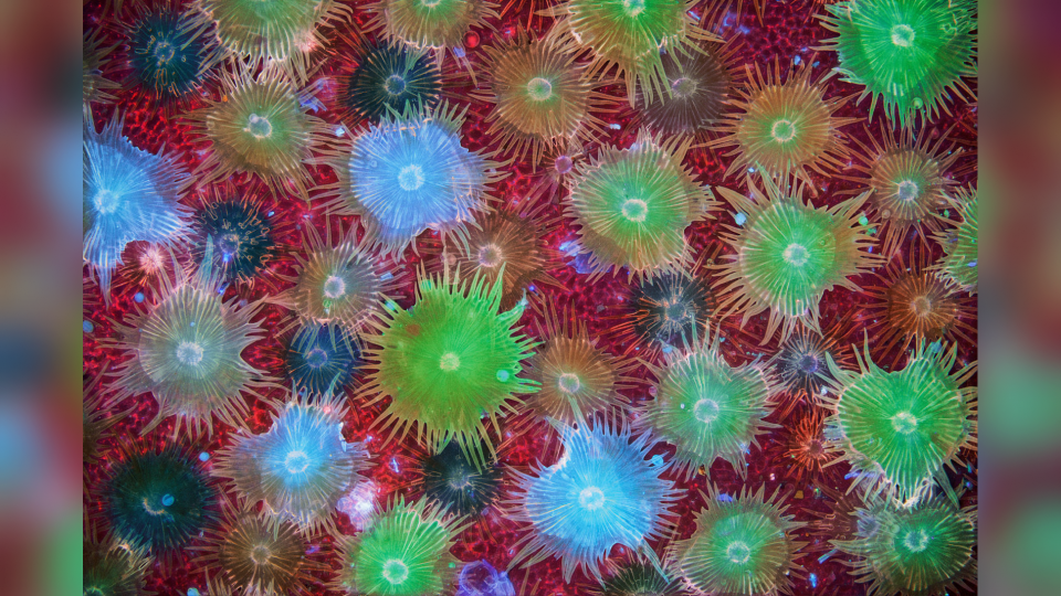 Spiky Circular cells tightly packed together on red background