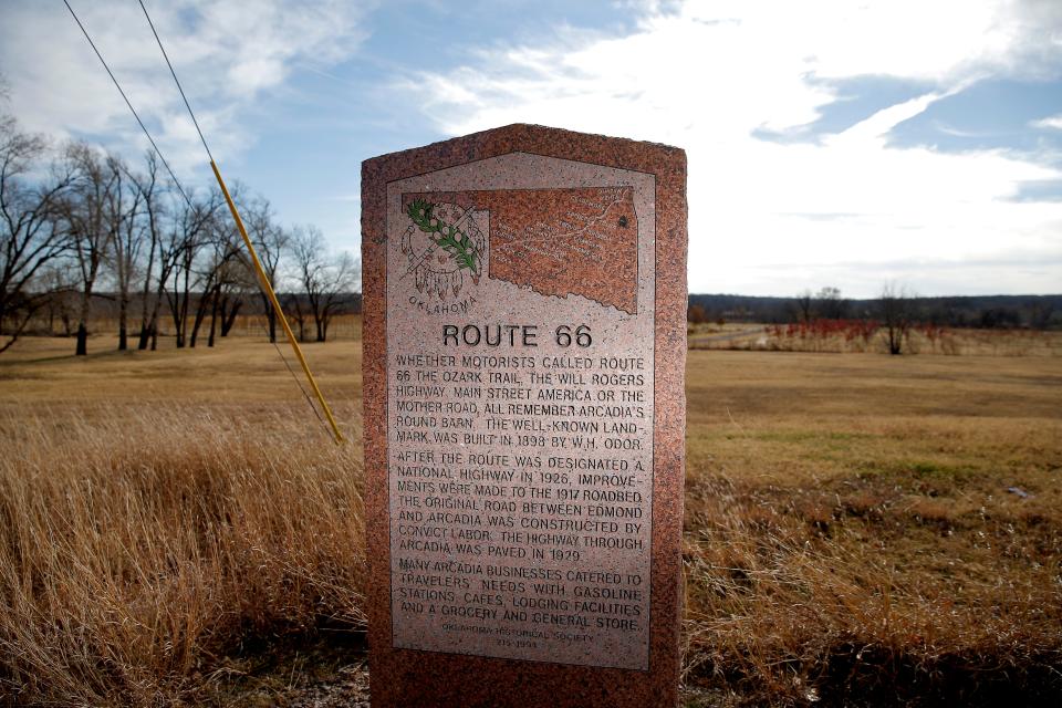 A Route 66 marker is seen in Arcadia, Okla., Friday, Dec. 3, 2021.