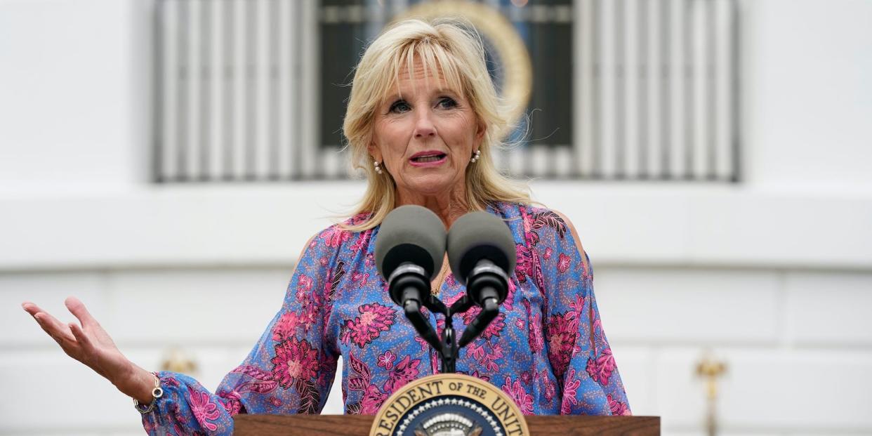 First lady Jill Biden speaks before introducing President Joe Biden at the White House Congressional Picnic on the South Lawn of the White House, Tuesday, July 12, 2022, in Washington