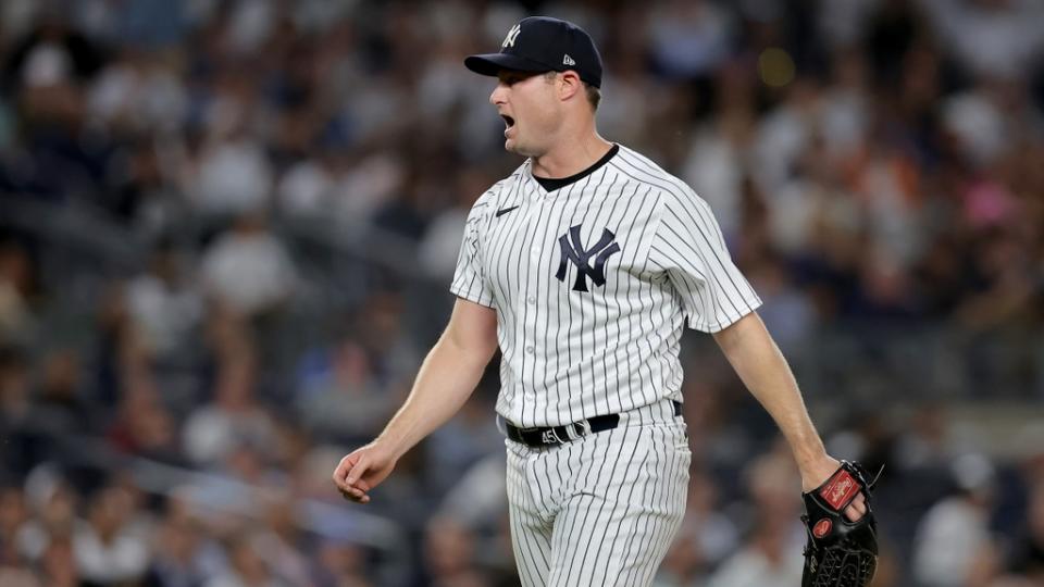 June 20, 2023;  Bronx, New York, USA;  New York Yankees starting pitcher Gerrit Cole (45) reacts during the seventh inning against the Seattle Mariners at Yankee Stadium.