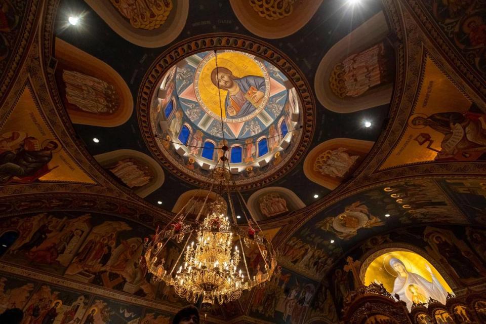 An icon of Jesus Christ is painted on the ceiling of the Christ the Saviour Orthodox Cathedral in Miami Lakes. The icon symbolizes the idea that Jesus Christ is the head of the church, constantly judging us from above.
