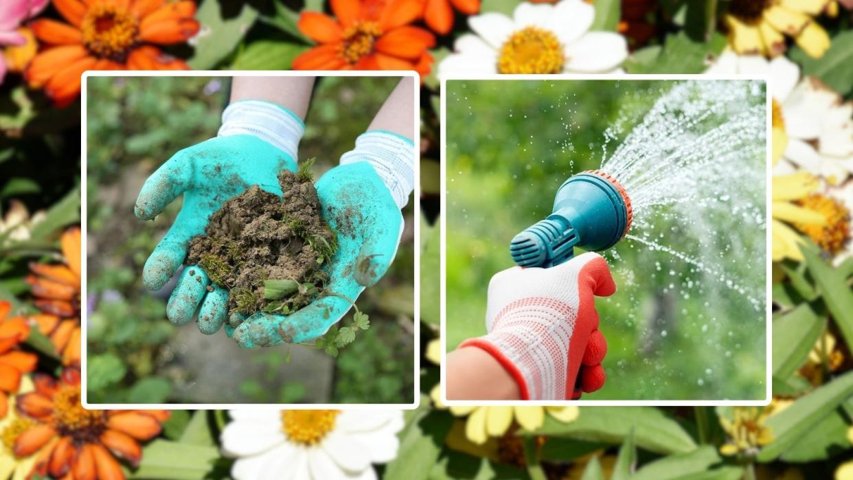  CoolJob gardener's gloves in aqua holding dirt and in red spraying water from a hose on a floral blurry background. 