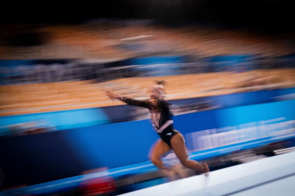 Simone Biles practices the vault during a training session at the Ariake Gymnastics Centre in Tokyo on July 22, 2021, on the eve of the start of the Tokyo 2020 Olympic Games. 