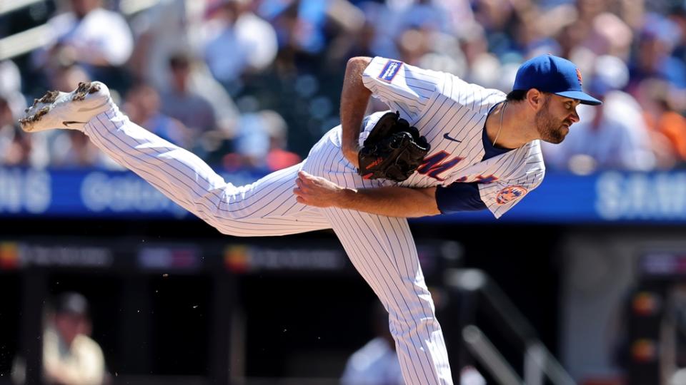 New York Mets starting pitcher David Peterson (23) follows through on a pitch against the Los Angeles Angels during the second inning at Citi Field