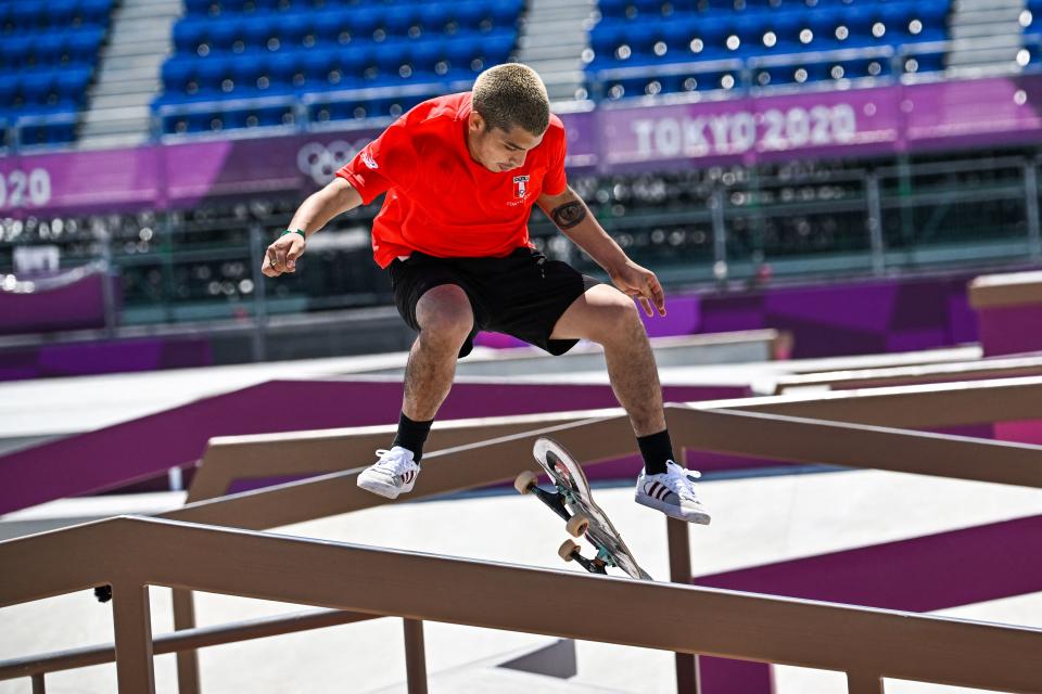 Peru's Angelo Caro Narvaez competes in the men's street final during the Tokyo 2020 Olympic Games at Ariake Sports Park Skateboarding in Tokyo on July 25, 2021. (Photo by Jeff PACHOUD / AFP) (Photo by JEFF PACHOUD/AFP via Getty Images)