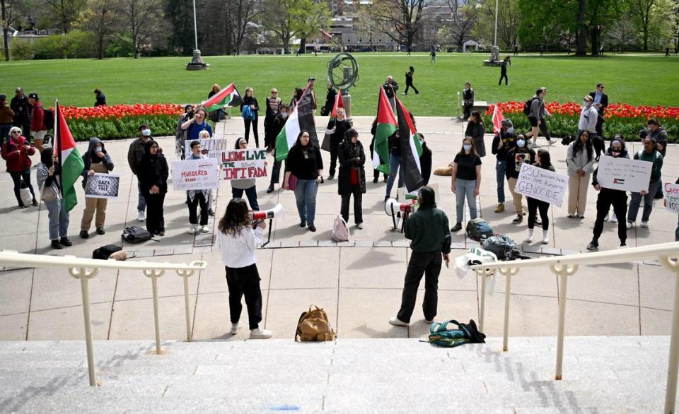 Students and community members gathered outside of Old Main to rally in support of Palestine and to call on Penn State to divest from Israel on Thursday, April 25, 2024. Abby Drey/adrey@centredaily.com