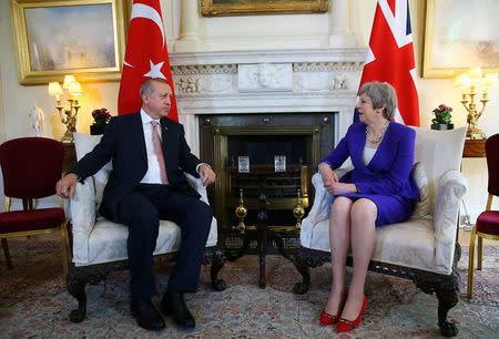 Turkish President Tayyip Erdogan meets with Britain's Prime Minister Theresa May at 10 Downing Street in London, Britain May 15, 2018. Kayhan Ozer/Presidential Palace/Handout via REUTERS