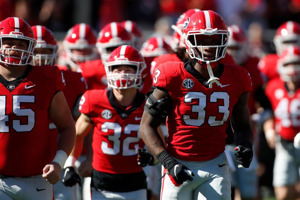 Georgia takes the field before the start of a NCAA college football game between Auburn and Georgia in Athens, Ga., on Saturday, Oct. 8, 2022.