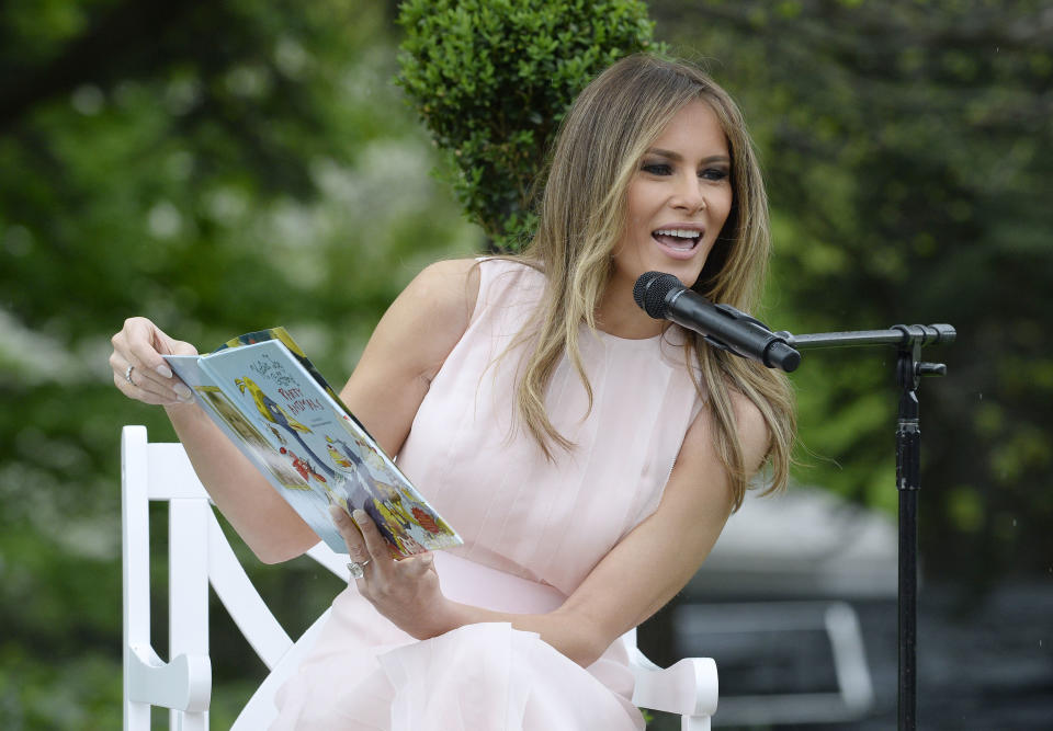 US First Lady Melania Trump reads a book to children at the annual Easter Egg roll on the South Lawn of the White House in Washington, DC, on April 17, 2017. Photo by Olivier Douliery *** Please Use Credit from Credit Field ***