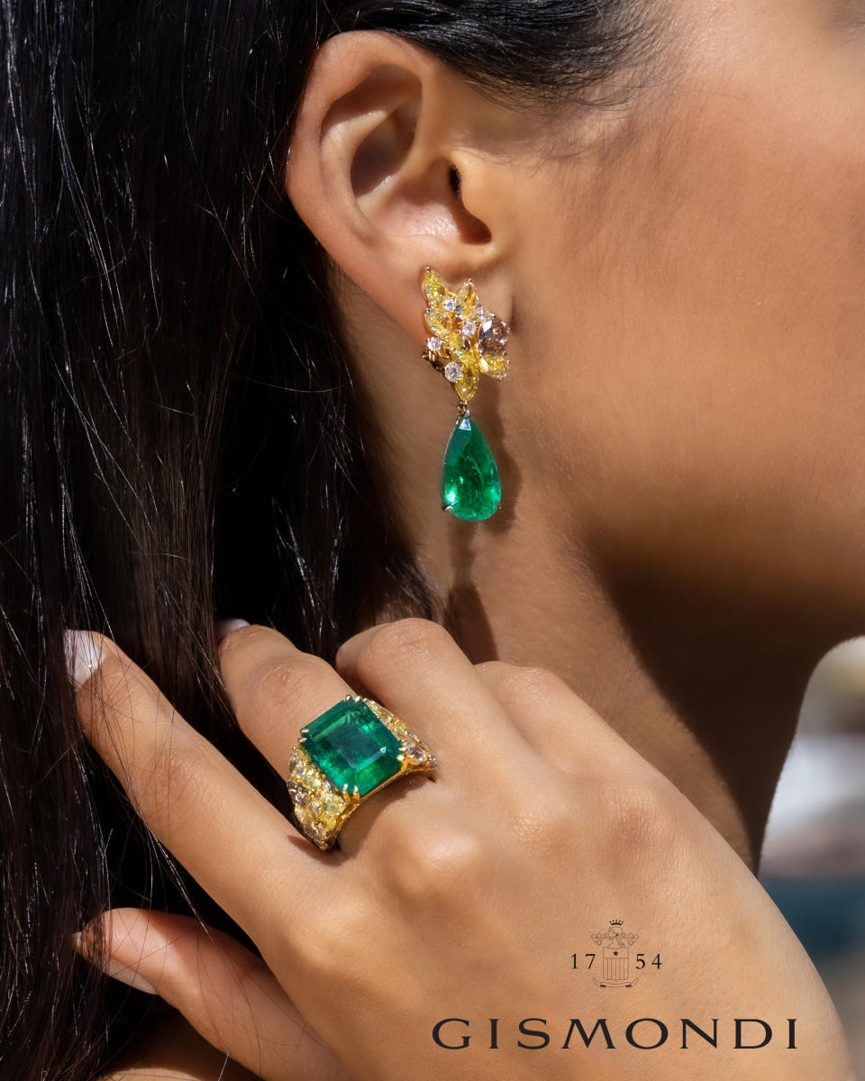 Gismondi’s “Oasi” one-of-a-kind 18-karat rose gold ring and earrings with emeralds and fancy yellow and brown diamonds.