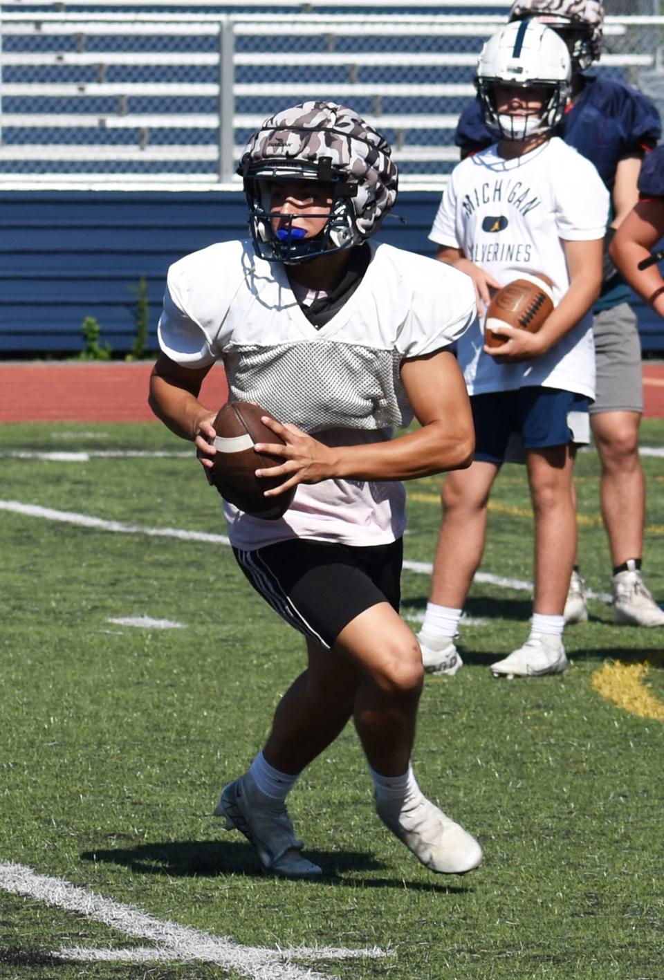 Somerset Berkley Regional High School's quarterback Derek Baliko at football practice Wednesday.