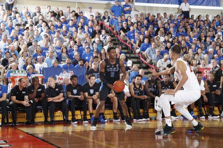 Nov 19, 2018; Lahaina, HI, USA; Duke Blue Devils guard RJ Barrett takes a shot against the San Diego State Aztecs during the second half during round 1 of the Maui Jim Maui Invitational at the Lahaina Civic Center. Mandatory Credit: Brian Spurlock-USA TODAY Sports