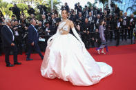 FILE - Alessandra Ambrosio poses for photographers upon arrival at the premiere of the film 'Armageddon Time' at the 75th international film festival, Cannes, southern France, Thursday, May 19, 2022. Star power has been out in force at the 75th Cannes Film Festival. After a 2021 edition muted by the pandemic, this year's French Riviera spectacular has again seen throngs of onlookers screaming out "Tom!" "Julia!" and "Viola!" The wattage on display on Cannes' red carpet has been brighter this year thanks the presence of stars like Tom Cruise, Julia Roberts, Viola Davis, Anne Hathaway, Idris Elba and others. But as the first half of the French Riviera spectacular has shown, stardom in Cannes is global. Just as much as cameras have focused on Hollywood stars, they've been trained on the likes of India's Aishwarya Rai and South Korea's Lee Jung-jae. (Photo by Joel C Ryan/Invision/AP, File)