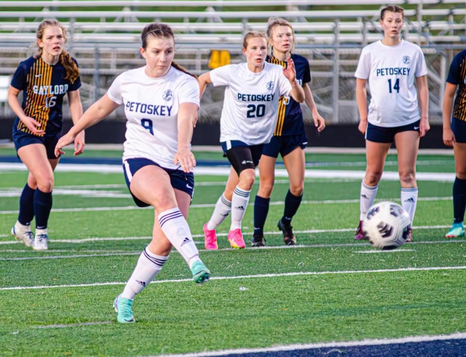 Petoskey's Lauren Cole delivers a penalty kick goal that tied the game up in the second half against Gaylord Tuesday.