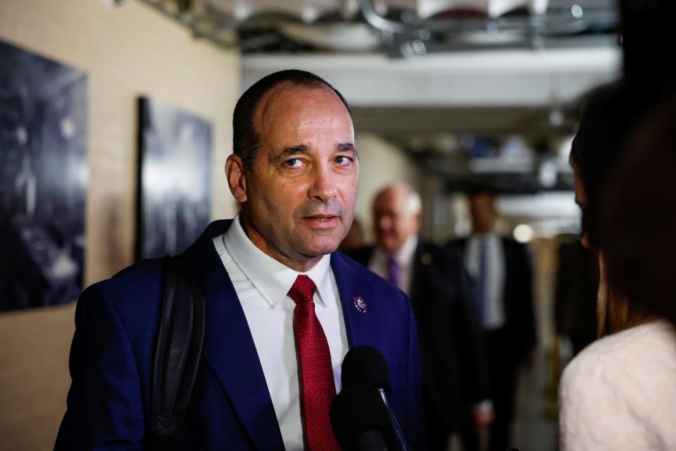 Rep. Bob Good, R-Va., speaks to reporters as he arrives to a Republican caucus meeting at the U.S. Capitol Building on September 13, 2023 in Washington, DC.