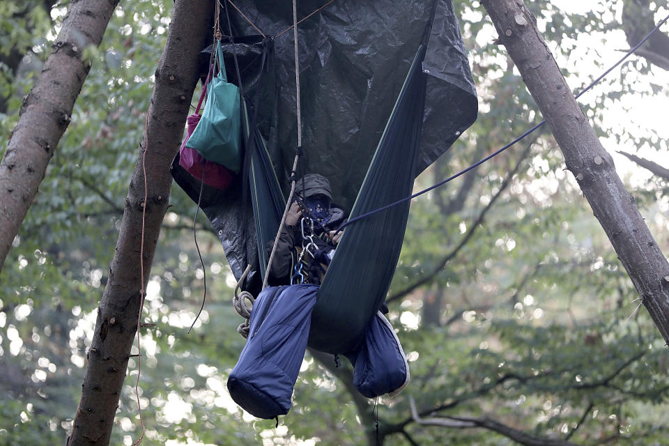 A environment activist is seen in a tree camp as police enters the 'Hambacher Forest' that protesters are trying to stop from being chopped down for a coal mine in Kerpen, Germany, Wednesday, Sept. 5, 2018. (Oliver Berg/dpa via AP)