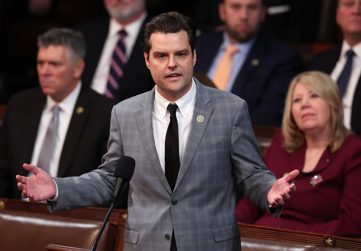 Rep. Matt Gaetz stands to deliver remarks in the House chamber.