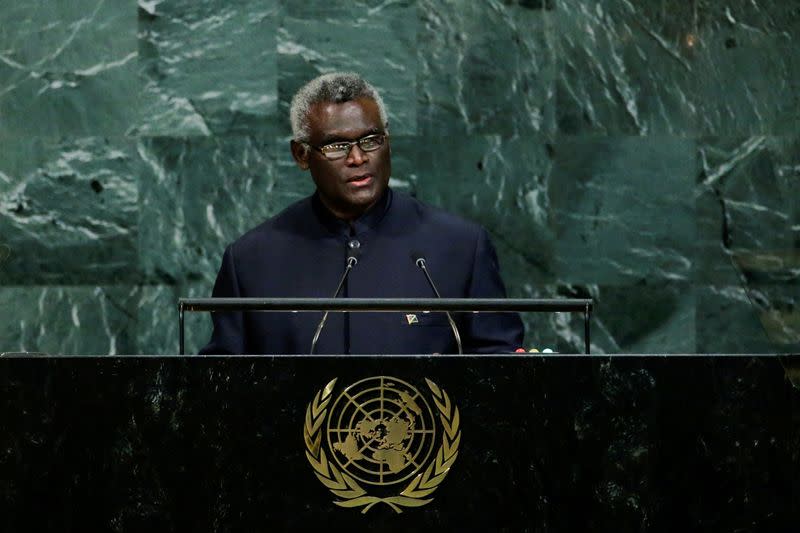 FILE PHOTO: Solomon Islands Prime Minister Sogavare addresses the 72nd United Nations General Assembly at U.N. headquarters in New York