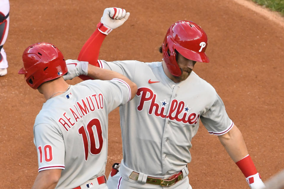 WASHINGTON, DC - SEPTEMBER 23:  Bryce Harper #3 of the Philadelphia Phillies celebrates hitting a solo home run in the first inning with J.T. Realmuto #10 during a baseball game against the Washington Nationals at Nationals Park on September 23, 2020 in Washington, DC.  (Photo by Mitchell Layton/Getty Images)