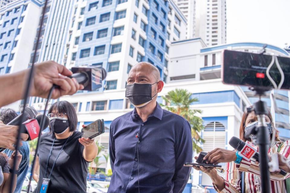 Kepong MP Lim Lip Eng addresses reporters in front of the Dang Wangi district police headquarters in Kuala Lumpur August 4, 2021. — Picture by Shafwan Zaidon