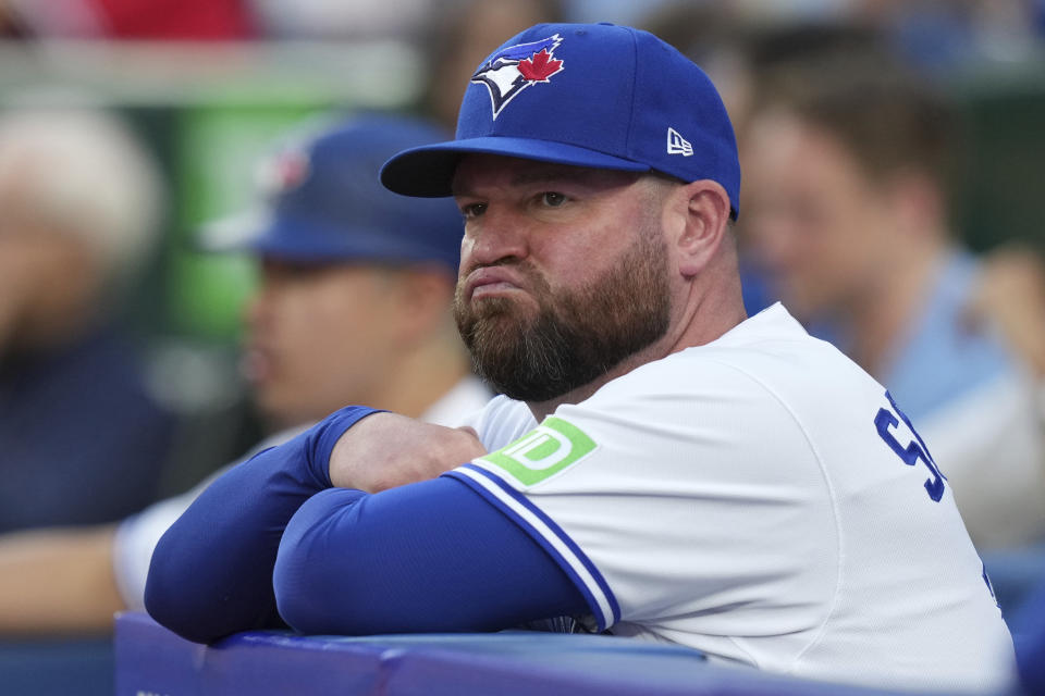 Toronto Blue Jays manager John Schneider watches as the team takes on the Chicago Cubs in a baseball game Friday, Aug. 11, 2023, in Toronto. (Chris Young/The Canadian Press via AP)