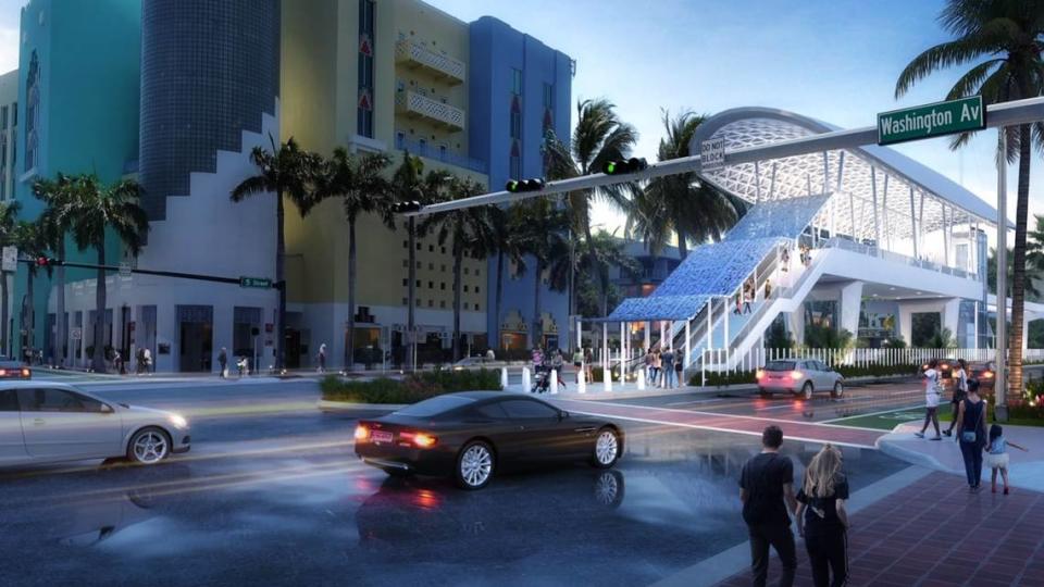 A rendering of a Metromover station on Fifth Street and Washington Avenue in South Beach.