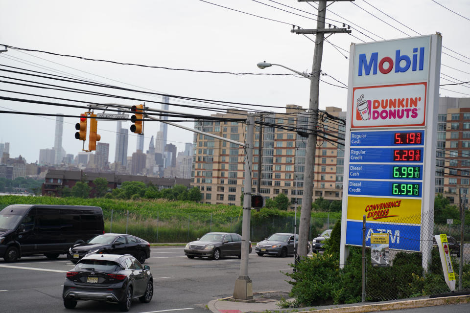 NEW JERSEY, USA - JUNE 7: Gas prices over $5.00 a gallon are displayed at gas stations in New Jersey, USA, on June 7, 2022. (Photo by Lokman Vural Elibol/Anadolu Agency via Getty Images)