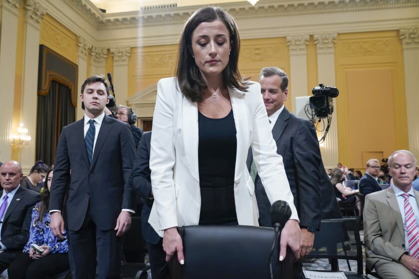 Cassidy Hutchinson, former aide to Trump White House chief of staff Mark Meadows, concludes her testimony as the House select committee investigating the Jan. 6 attack on the U.S. Capitol continues to reveal its findings of a year-long investigation, at the Capitol in Washington, Tuesday, June 28, 2022. (AP Photo/Jacquelyn Martin)