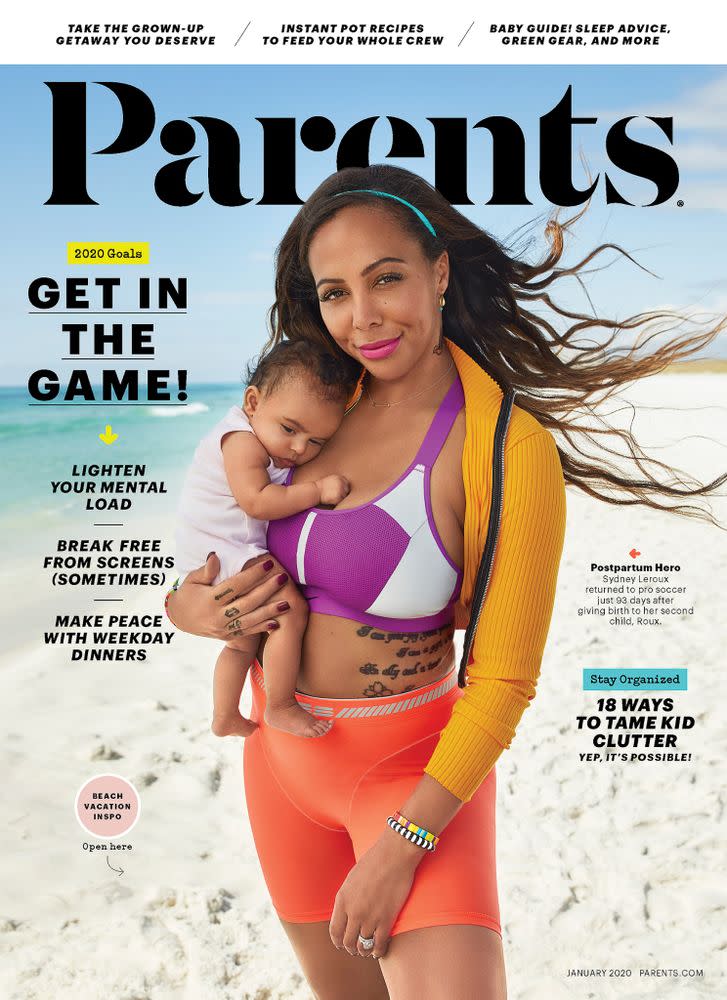 Sydney Leroux Dwyer and daughter Roux cover Parents magazine's January 2020 issue