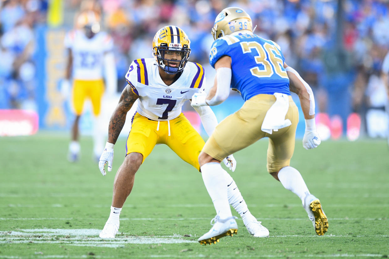 LSU cornerback Derek Stingley Jr. (7) was the third overall pick of the draft, to the Houston Texans. (Photo by Brian Rothmuller/Icon Sportswire via Getty Images)