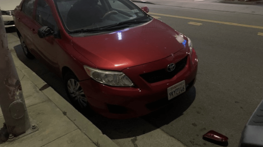 A news photographer located several vehicles – a Tesla, a Chevy and two Toyotas – that had their side view mirrors knocked off; some of the vehicles also had their passenger side windows damaged. 