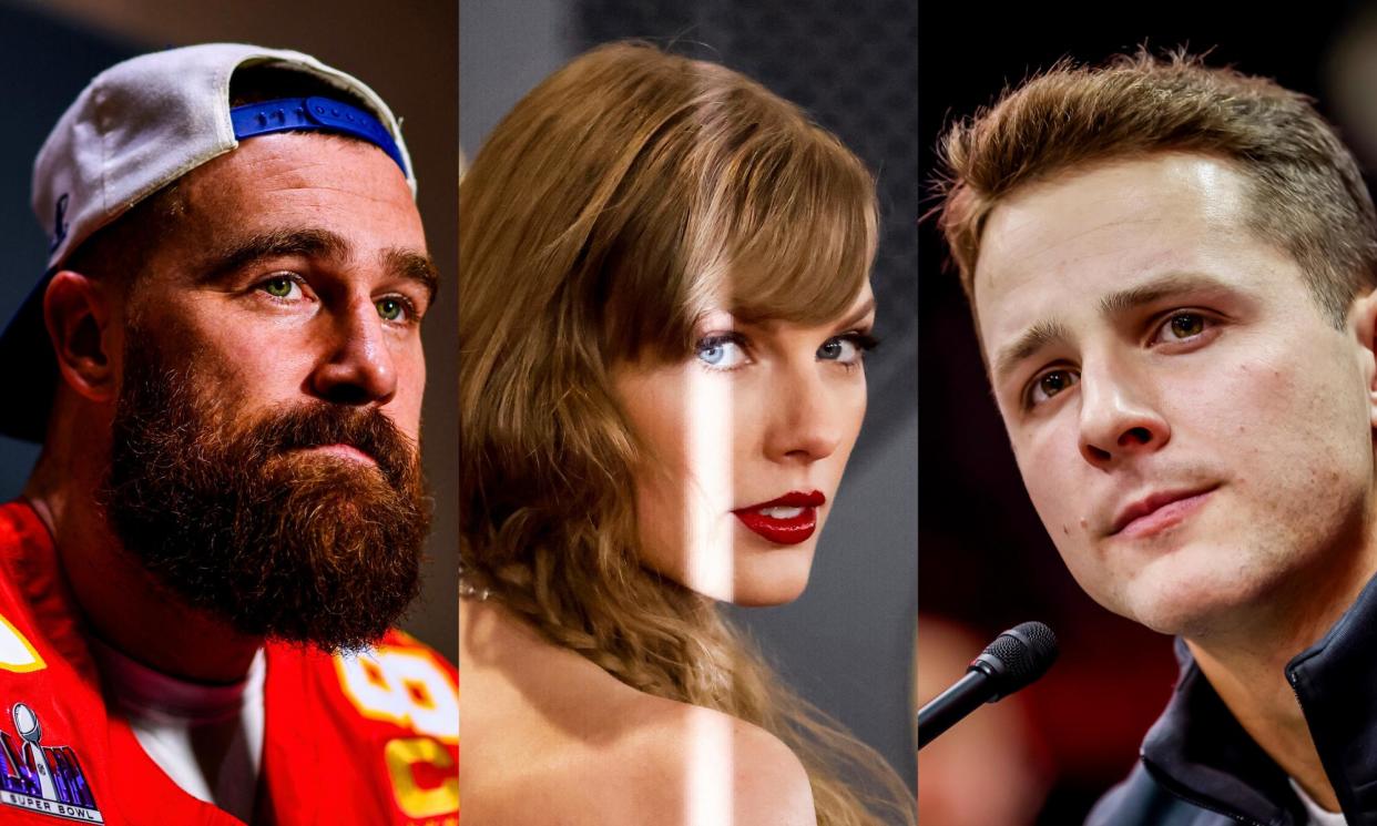 <span>Travis Kelce (left), Taylor Swift (center) and Brock Purdy (right) will all play prominent roles at the Super Bowl this weekend</span><span>Composite: EPA, PA</span>