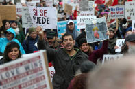 <p>People participate in a protest Monday, Feb. 20, 2017, in Portland, Ore. Thousands of demonstrators turned out Monday across the U.S. to challenge President Donald Trump in a Presidents Day protest dubbed Not My President’s Day. (Dave Killen/The Oregonian via AP) </p>